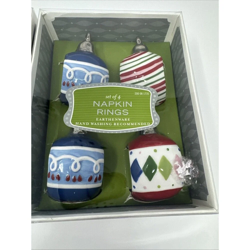 8 Vintage Traditional Ceramic Christmas Napkin Rings Ornament Shape Silver Top
